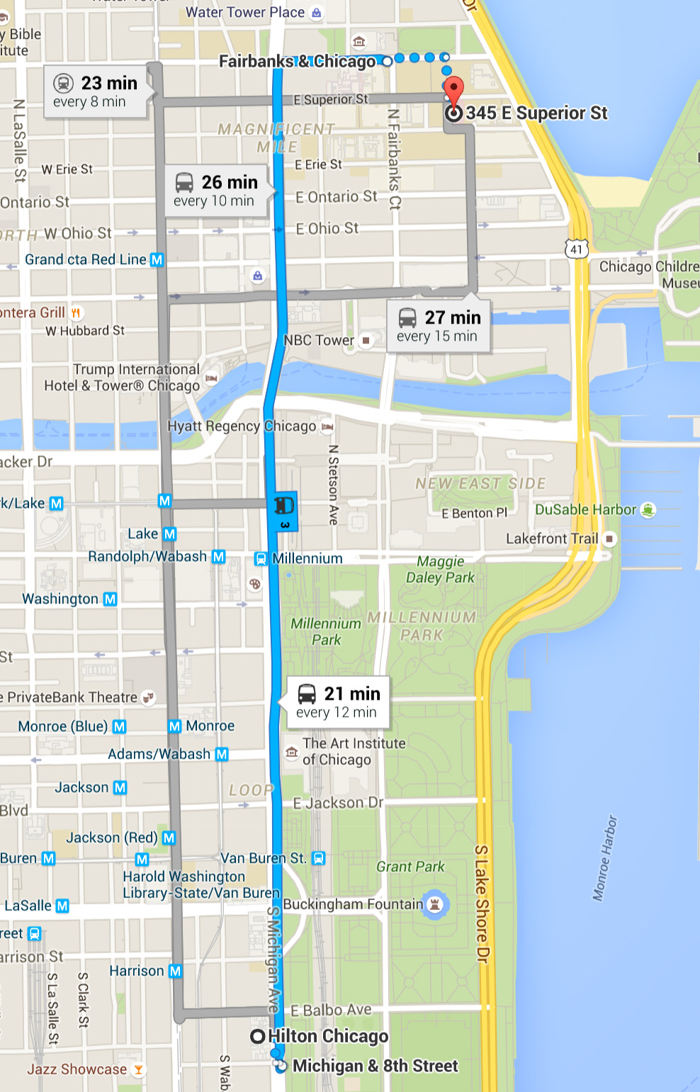 Hilton Chicago to RIC map