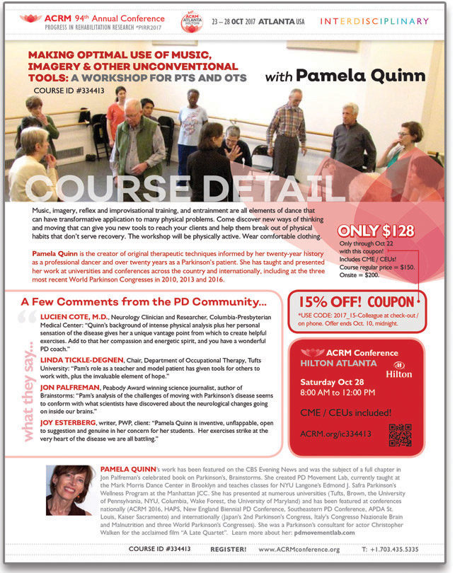 ACRM Conference Instructional Course: Sat Oct 28, 2017: MAKING OPTIMAL USE OF MUSIC, IMAGERY & OTHER UNCONVENTIONAL TOOLS: A WORKSHOP FOR PTs AND OTs
